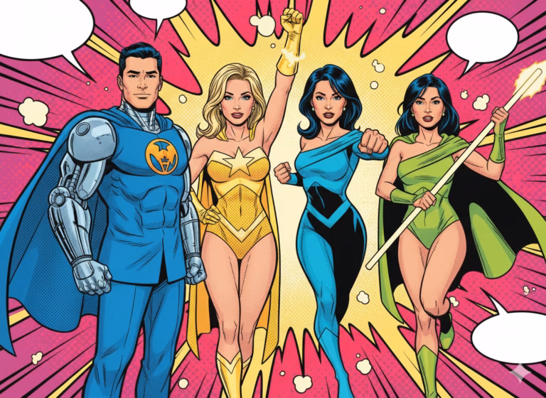 Pop Art Hero Pop art hero portraits channel comic-book energy with dynamic poses, bold colors, thick outlines, and halftone effects for a superhero vibe. They blend Lichtenstein's style with Marvel flair, ideal for empowering photo booth experiences. Pop Art Hero