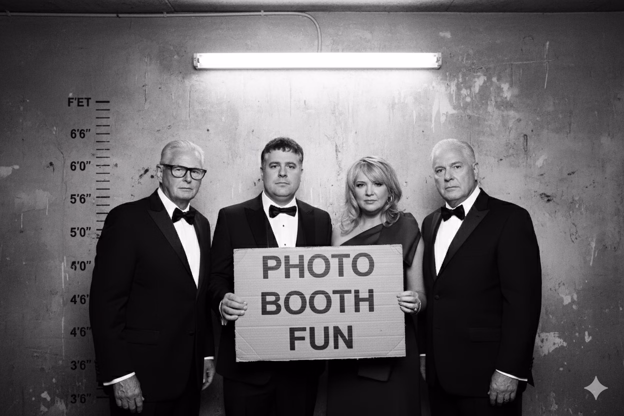 Corporate Event A.I. Artificial Intelligence Photo Booth Orange County - Lucky Frog Photo Booth | Corporate Event Rentals Busted Mugshot Booth Experience Scene