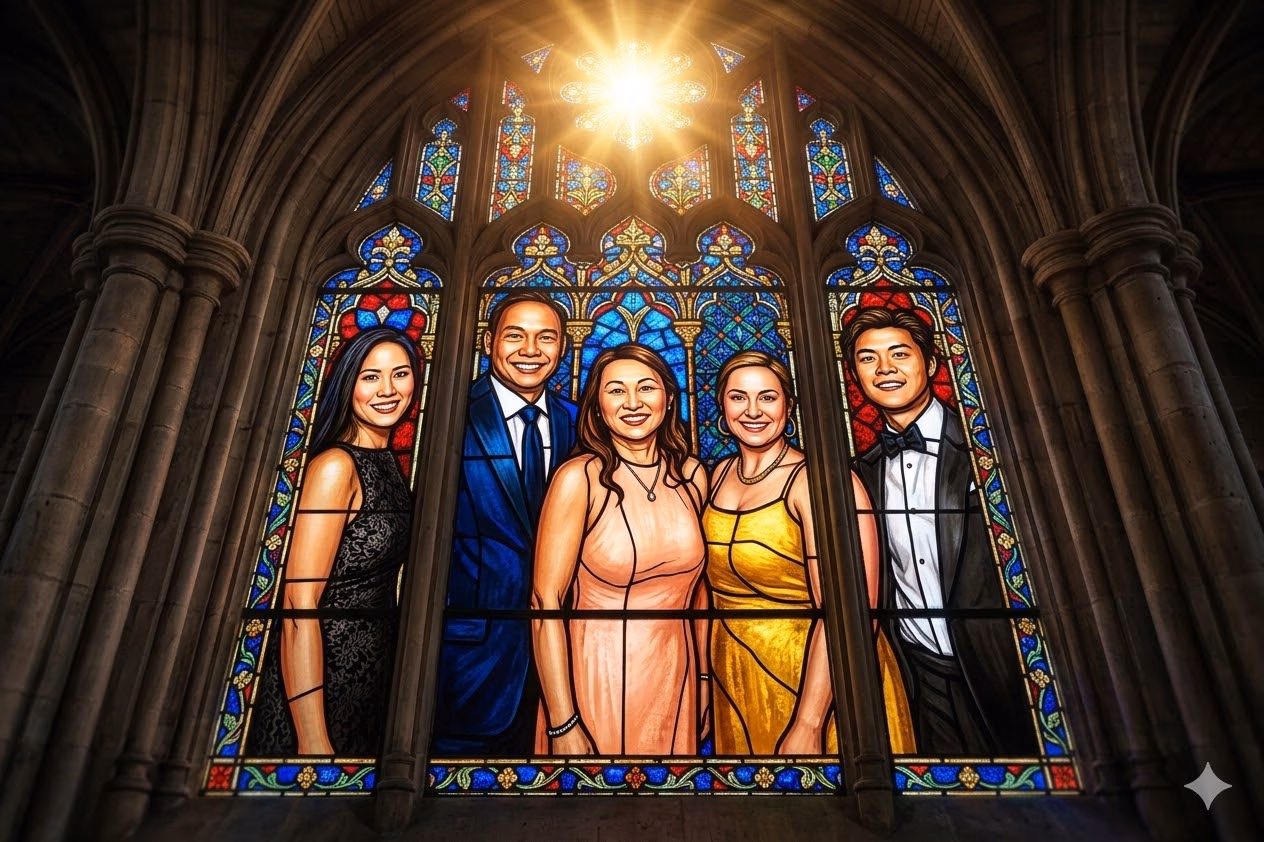 stained glass portrait in a church window