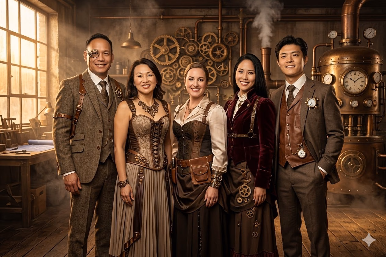 A.I. Artificial Intelligence Photo Booth Rental in Los Angeles - Lucky Frog Photo Booth | Corporate Event Rentals steampunk scene in steampunk workshop or laboratory
