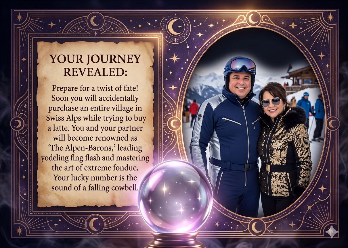 Next-gen AI Lab for Corporate Retreats - Lucky Frog Photo Marketing Gemini Generated Image z5g0d9z5g0d9z5g0 Interactive fortune teller booth portrait, holographic mystic woman with crystal ball, glowing palm lines, tarot spread background, dramatic purple fog, futuristic AI Aura Photo Booth 10