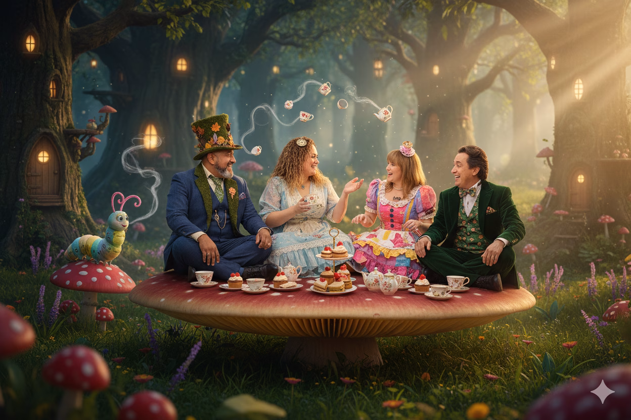 How Much Does an AI Photo Booth Rental Cost in SoCal? - Lucky Frog Photo Marketing Tea Party on a Mushroom Alice in Wonderland Inspired