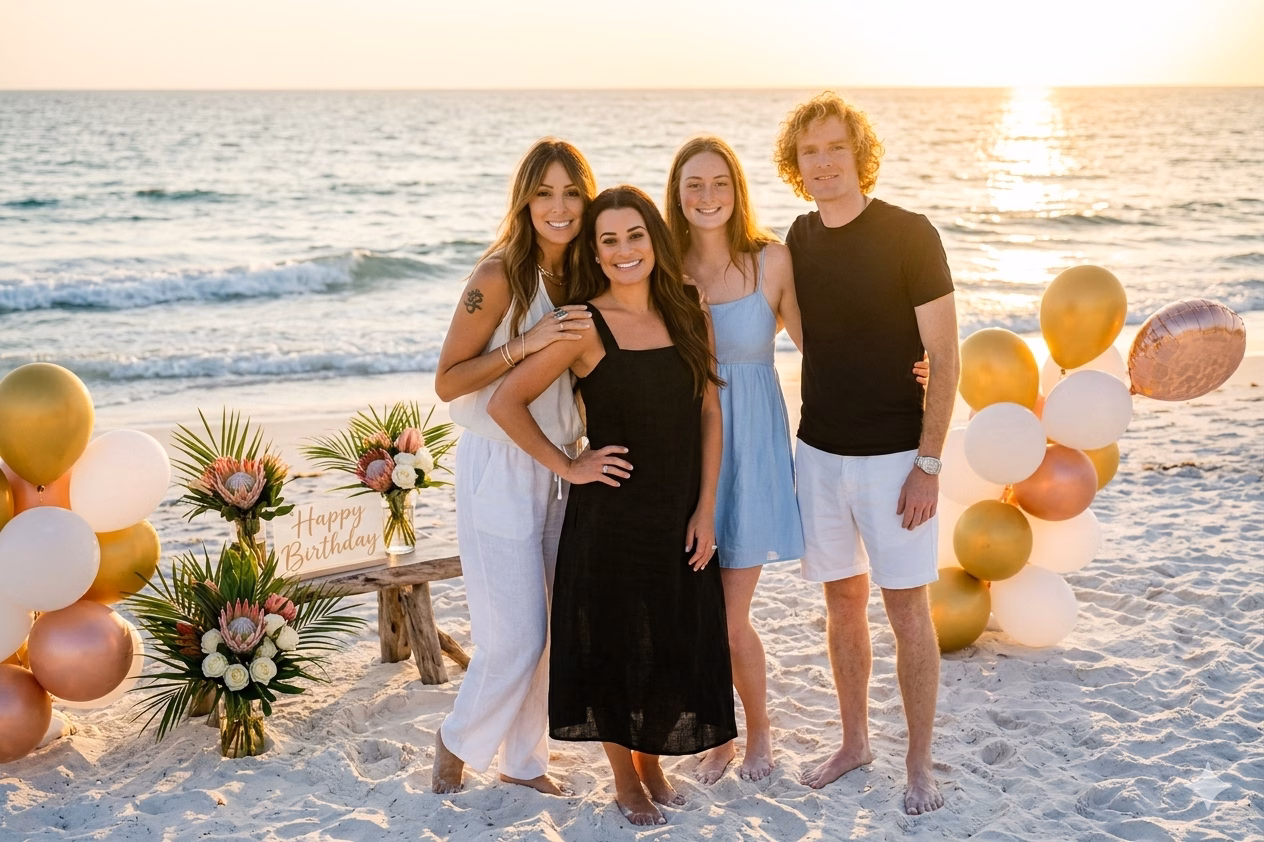 AI Photo Booth Rental Newport Beach and Costa Mesa: Planning Guide - Lucky Frog Photo Marketing Golden Hour at the Beach A person stands on a sandy beach during golden hour, surrounded by warm, glowing sunlight that casts soft, natural shadows. Gentle ocean waves roll in nearby, creating a calm and peaceful atmosphere.