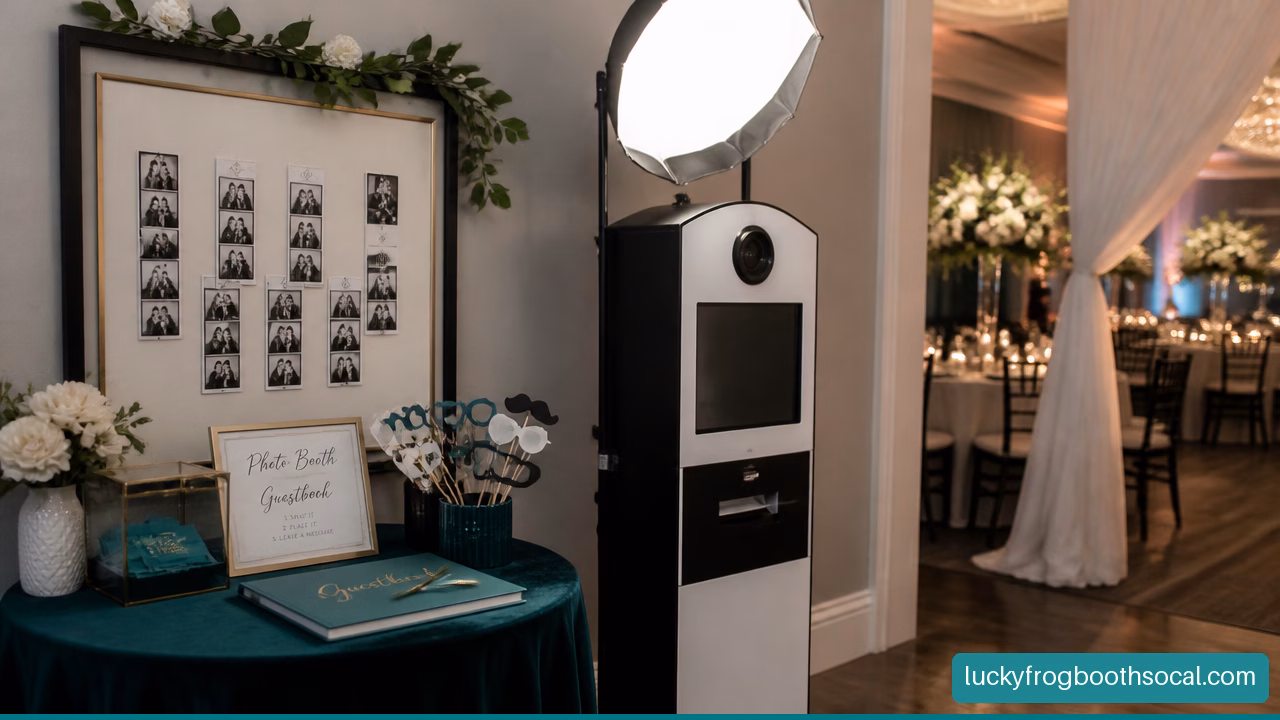 How To Rent A Photo Booth For A Wedding - Lucky Frog Photo Marketing Glam wedding photo booth station with studio lighting, custom photo strips, props, and a guestbook.