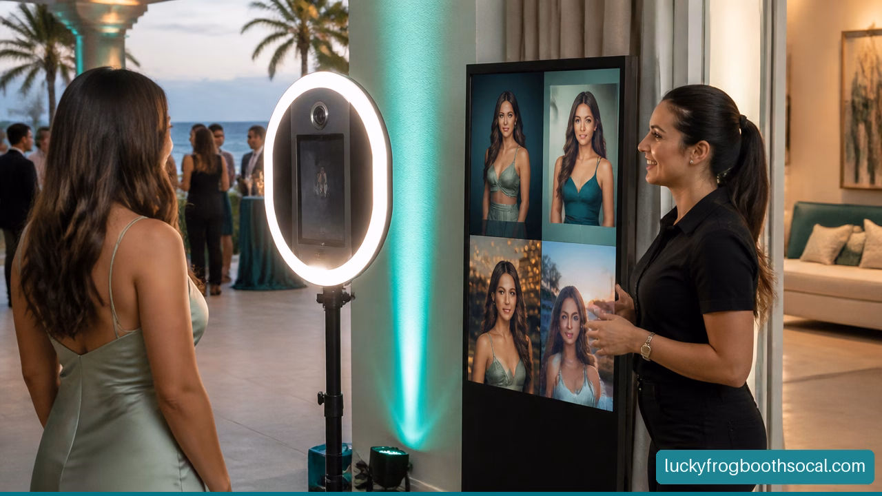 Guest using an AI portrait booth with stylized digital photo results