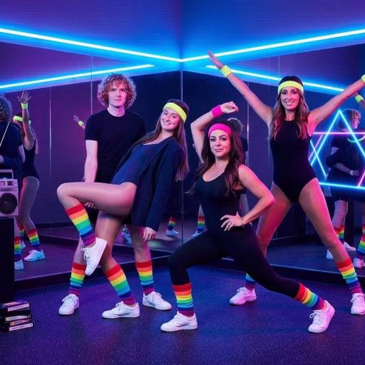 1980s aerobics neon portrait pack scene2 1980s aerobics neon portrait A solo aerobics instructor stands center‑frame in a mirrored ’80s studio, lit by electric pink and cyan neon tubes that flare in the background. They’re wearing a high‑cut, neon‑pink leotard with a mesh‑cut bodysuit layered on top, bold leg warmers, a striped headband, and fingerless dance gloves, striking a dynamic “power pose” with one hand in the air and the other on the hip. The light bounces off sweat‑sheened skin and reflective flooring, giving the portrait a glossy, high‑energy magazine‑style look that screams VHS‑era workout tape cover. 1980s aerobics neon portrait