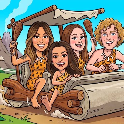 Flinstones Cartoon Flinstones Cartoon Guests transformed into playful, animated cavemen cruising through a vibrant prehistoric volcanic landscape in a foot-powered stone-age car Flinstones Cartoon